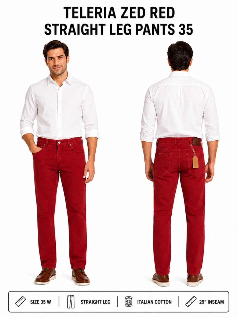 TELERIA ZED RED STRAIGHT LEG PANTS SIZE 35 ITALIAN COTTON /29 Inseam